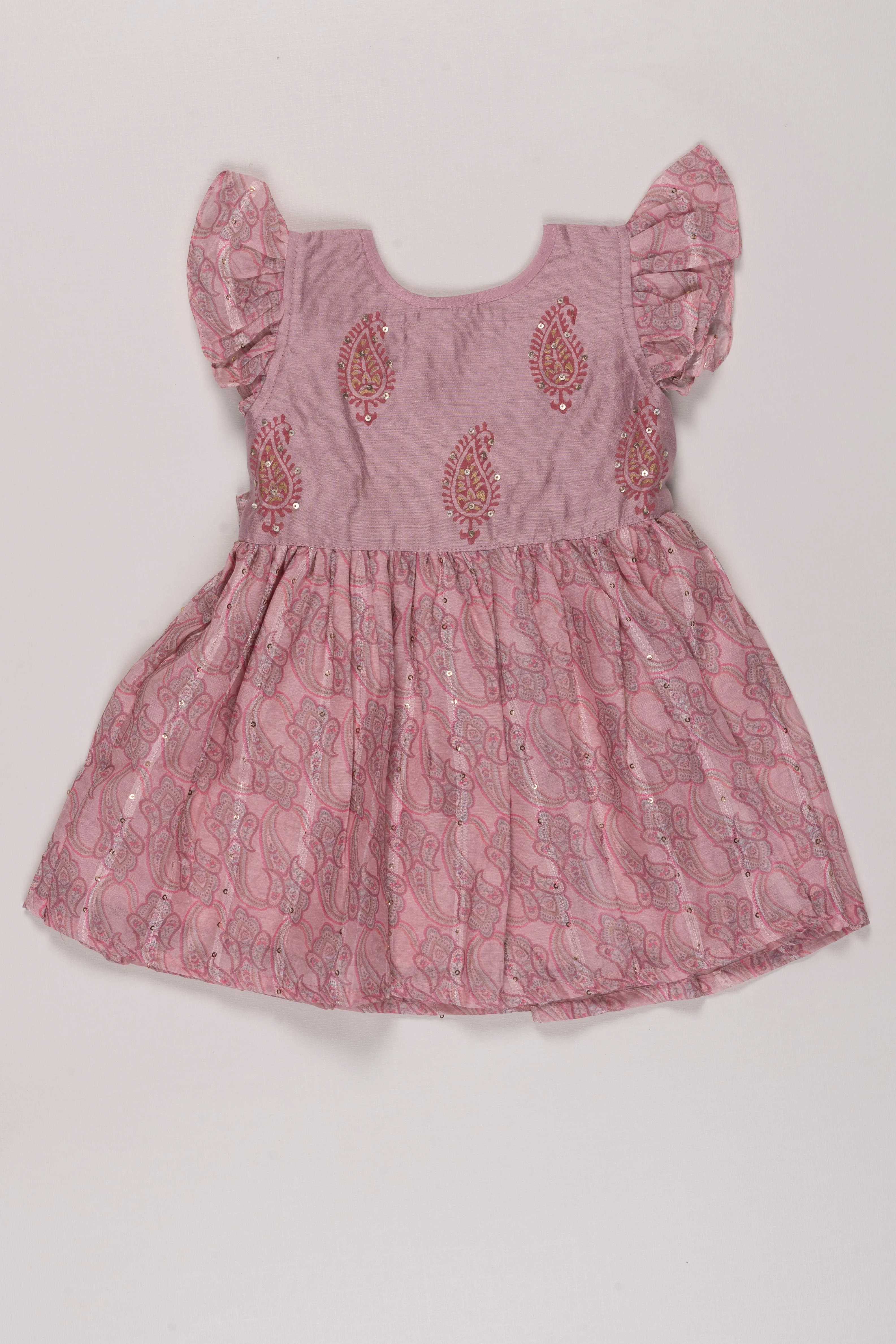 Blush Paisley Cotton Frock with Ruffle Sleeves for Girls