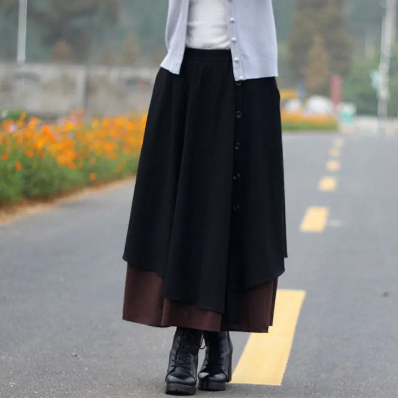 Bohemian Style Multi-layer Button Long Loose Skirt