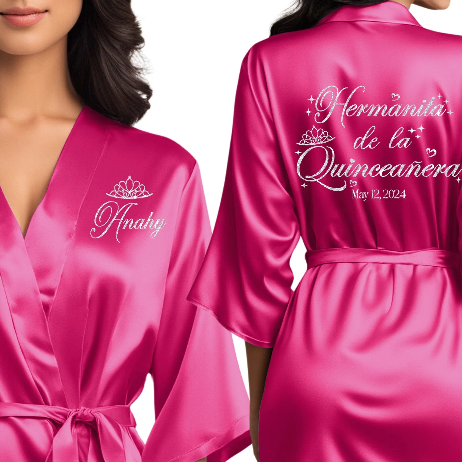 Bright Pink Mis Quince Años Robes, Pretty Quinceañera Robes, Robes for Mama de Quince | Quinceañera Gift