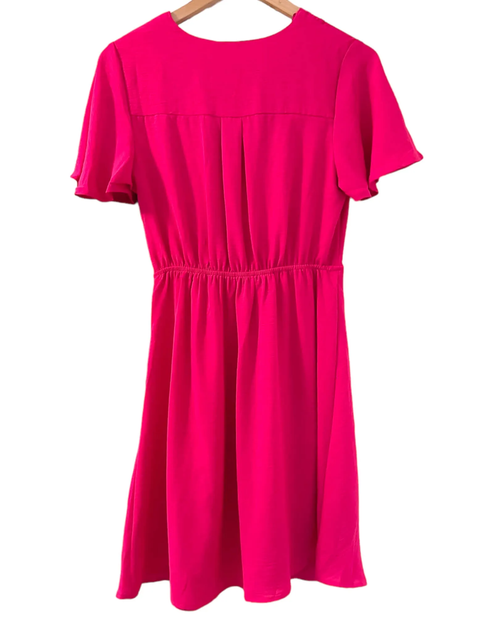 Bright Spring Shocking Rose Faux Wrap Flutter Sleeve Dress