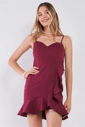 Burgundy Sleeveless Sweetheart Neck Ruffle Trim Wrap Mini Dress /3-2