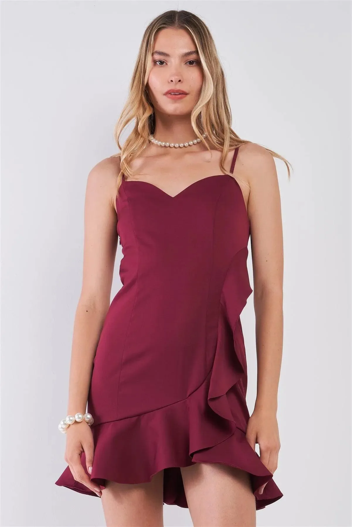 Burgundy Sleeveless Sweetheart Neck Ruffle Trim Wrap Mini Dress /3-2