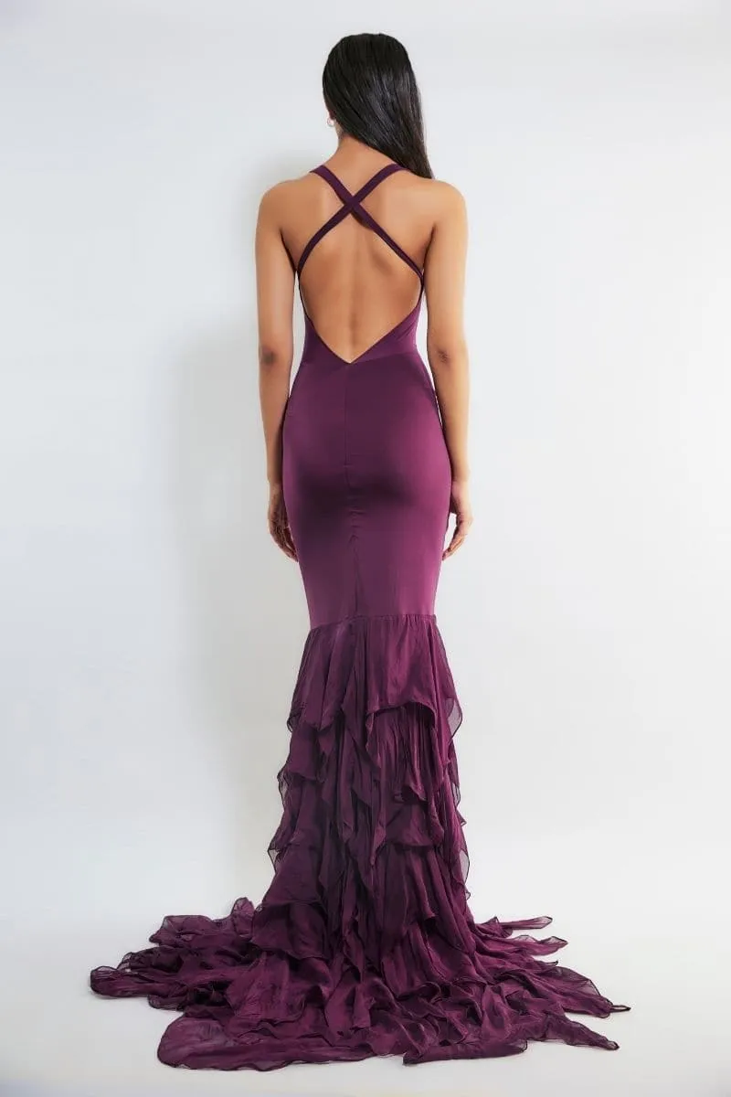 CAREN WINE RUFFLE MERMAID GOWN