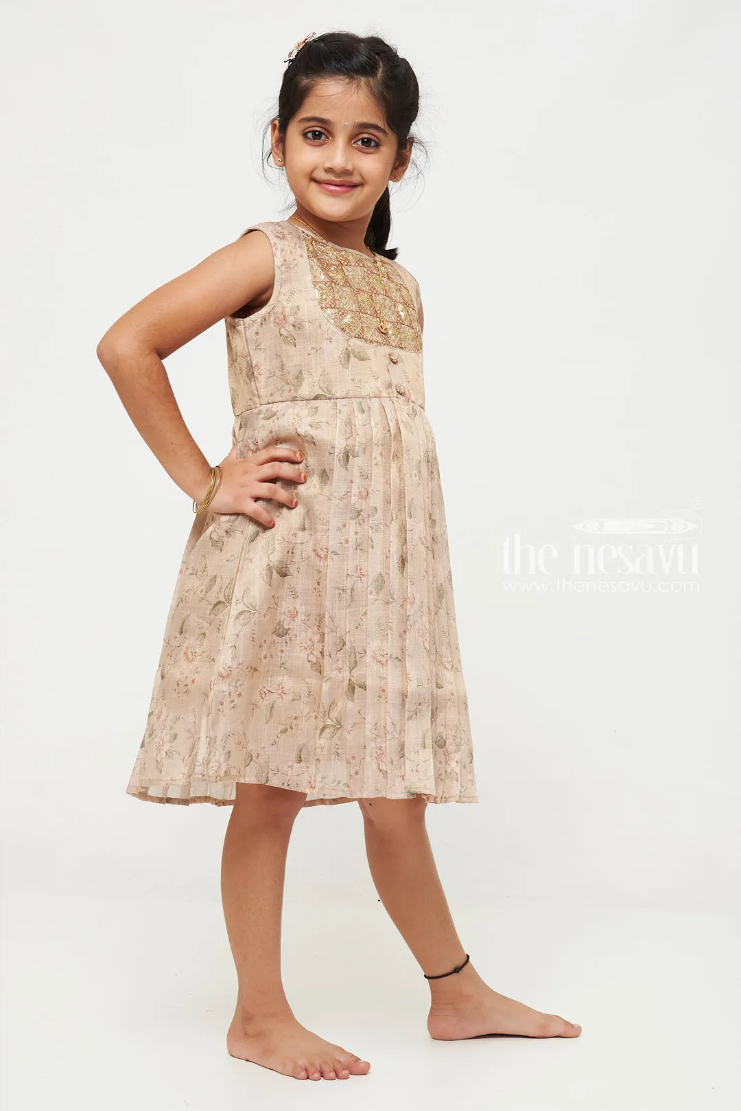 Chic Beige Floral Cotton Frock for Girls