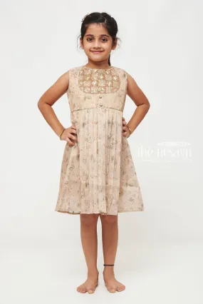 Chic Beige Floral Cotton Frock for Girls