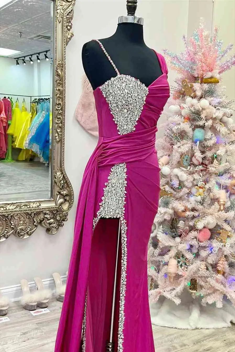 Chic Fuchsia Beaded Long Porm Dress