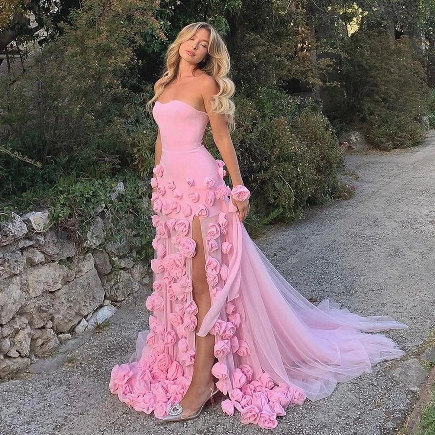 Chic Pink 3D Flowers Strapless Mermaid Evening Dress Side Slit SF009