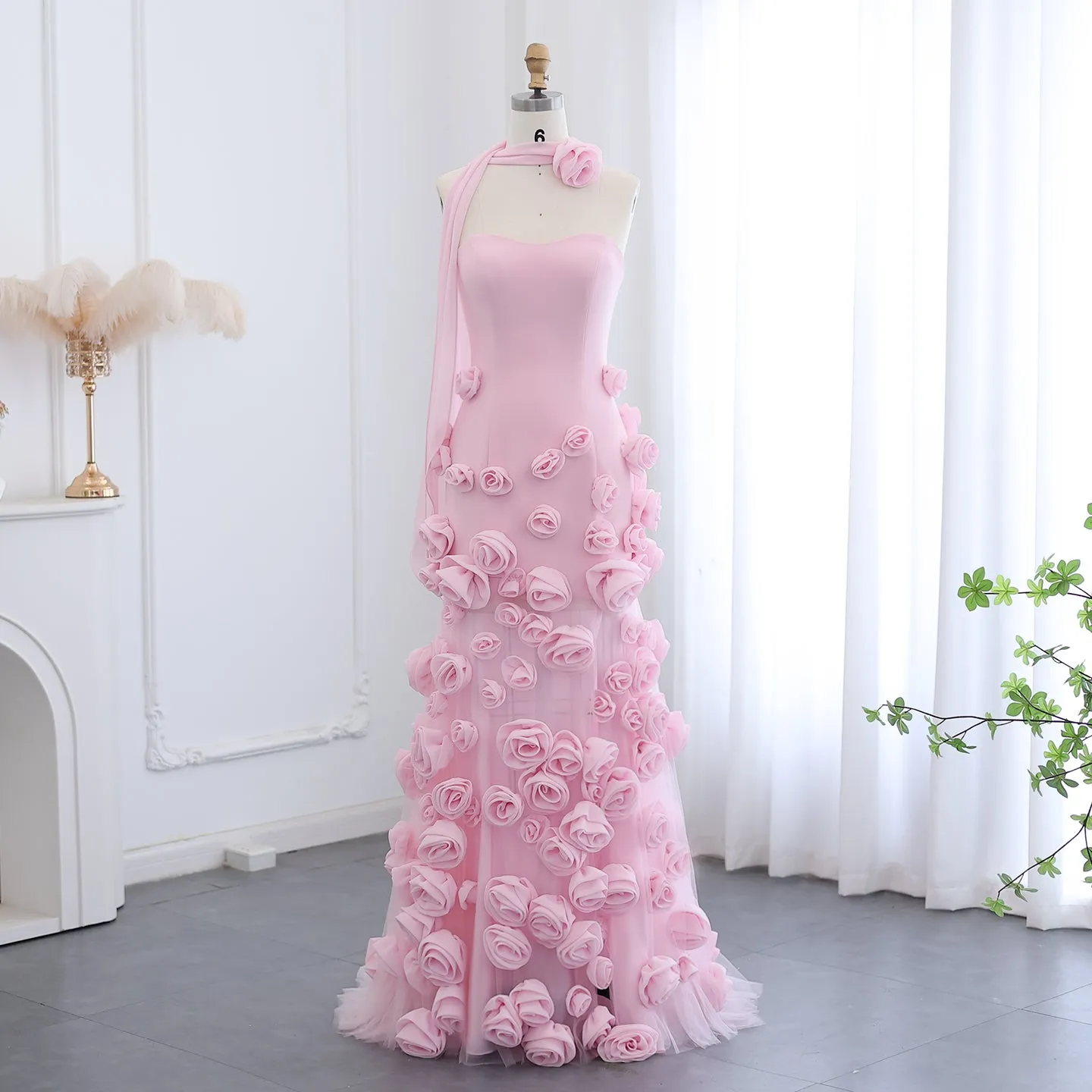 Chic Pink 3D Flowers Strapless Mermaid Evening Dress Side Slit SF009