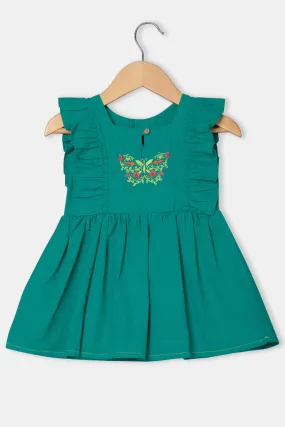 Chittythalli Round Neck Knee-Length Frock with Ruffle Detailing and Hand Embroidery - Teal Green - FR34