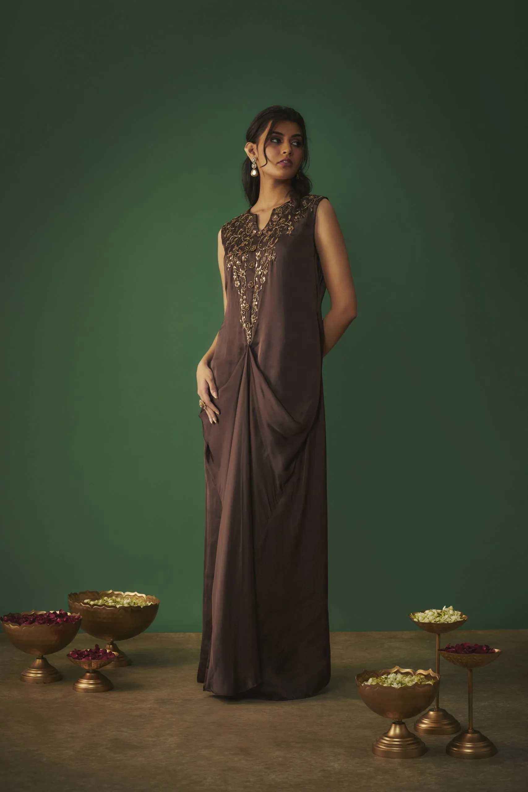 CHOCOLATE BROWN MUKAISH EMBROIDERED DRAPED GOWN