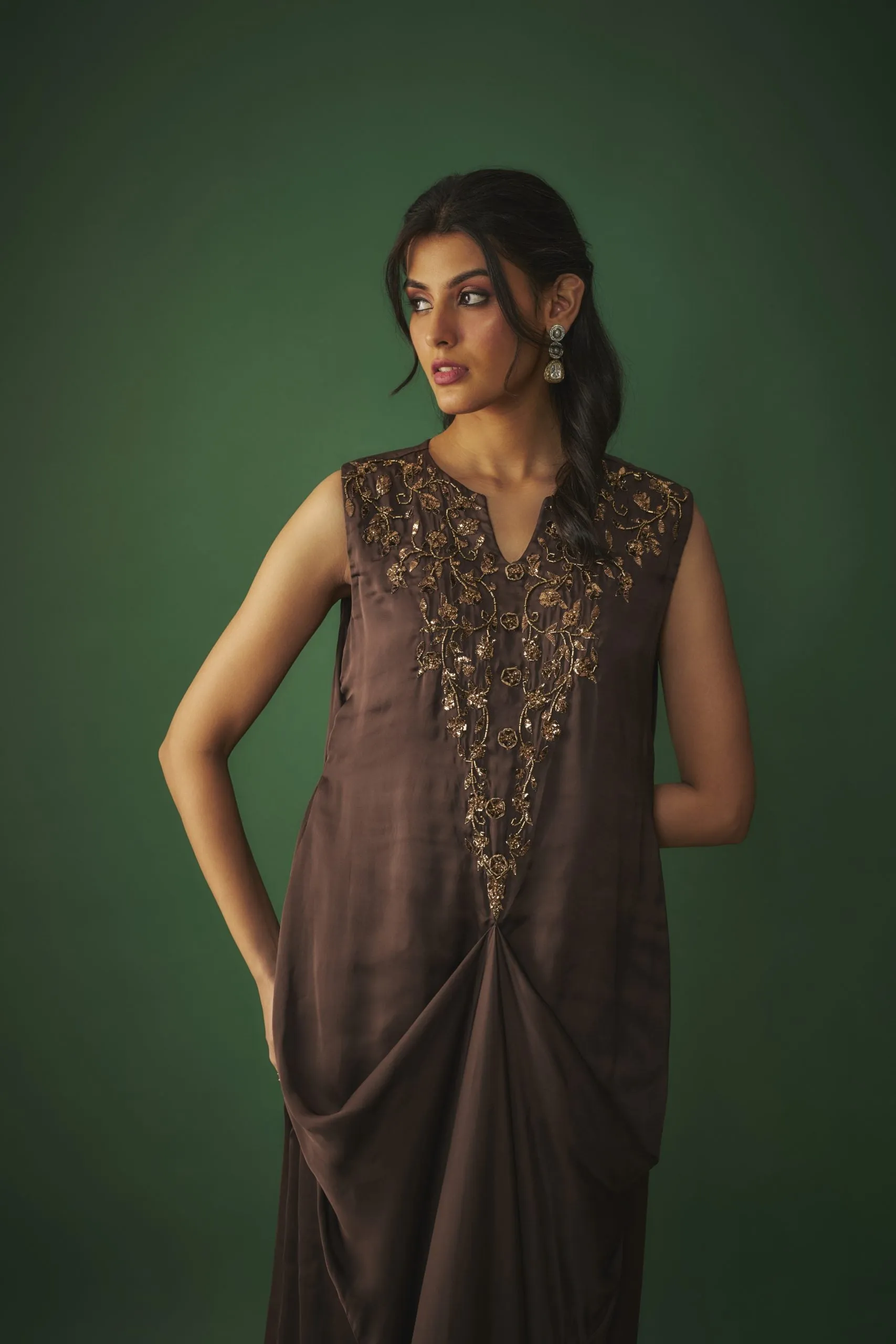 CHOCOLATE BROWN MUKAISH EMBROIDERED DRAPED GOWN