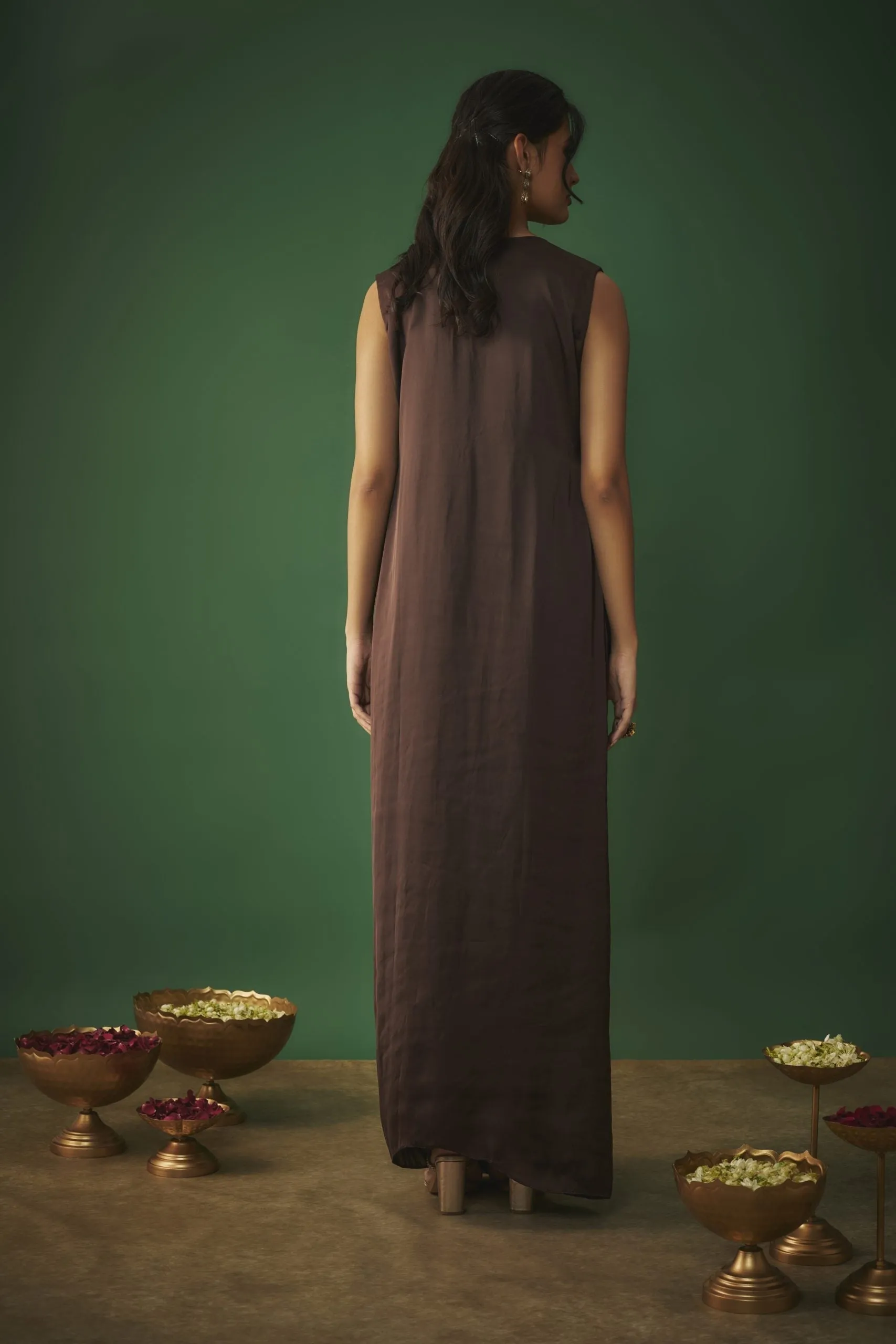 CHOCOLATE BROWN MUKAISH EMBROIDERED DRAPED GOWN