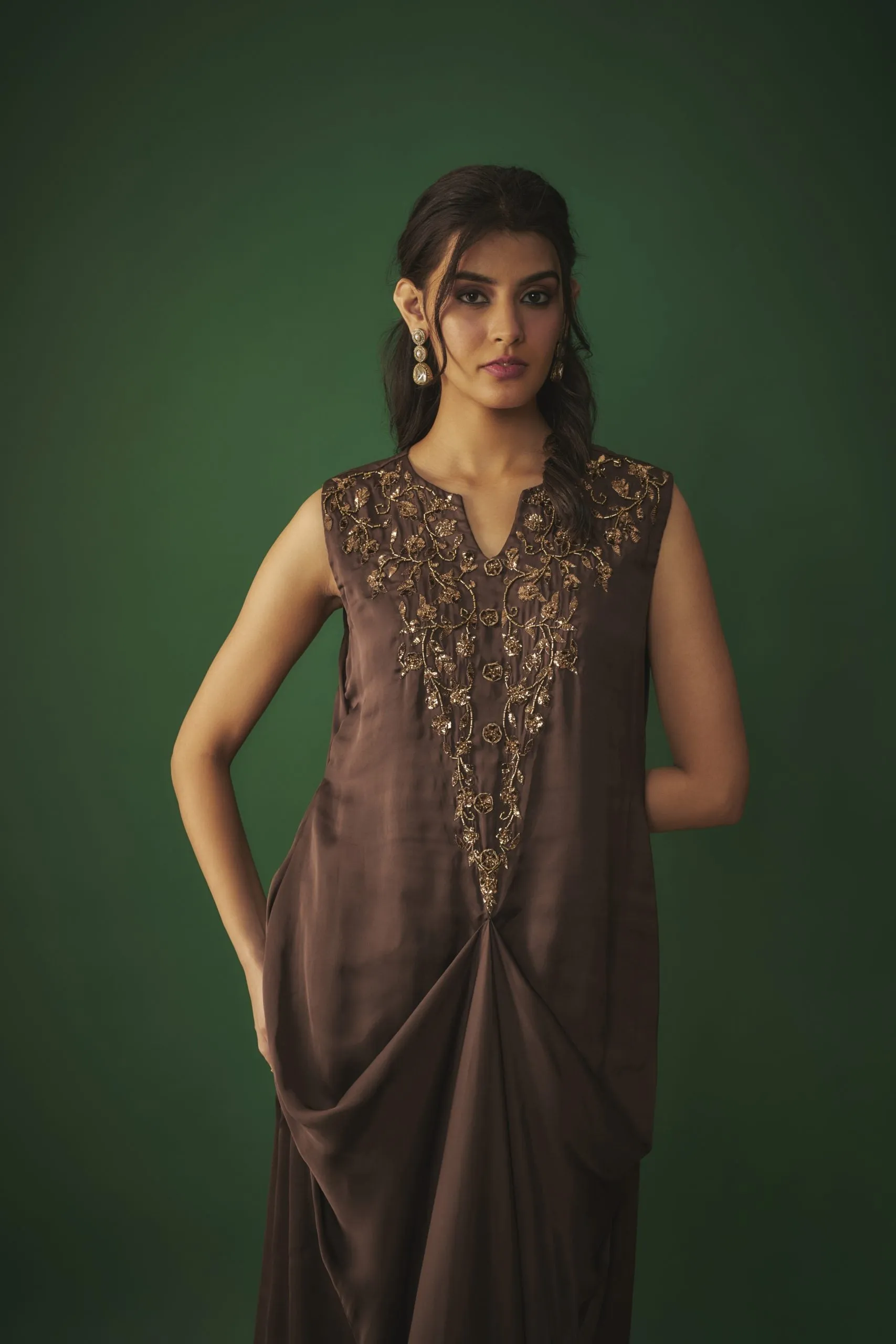 CHOCOLATE BROWN MUKAISH EMBROIDERED DRAPED GOWN