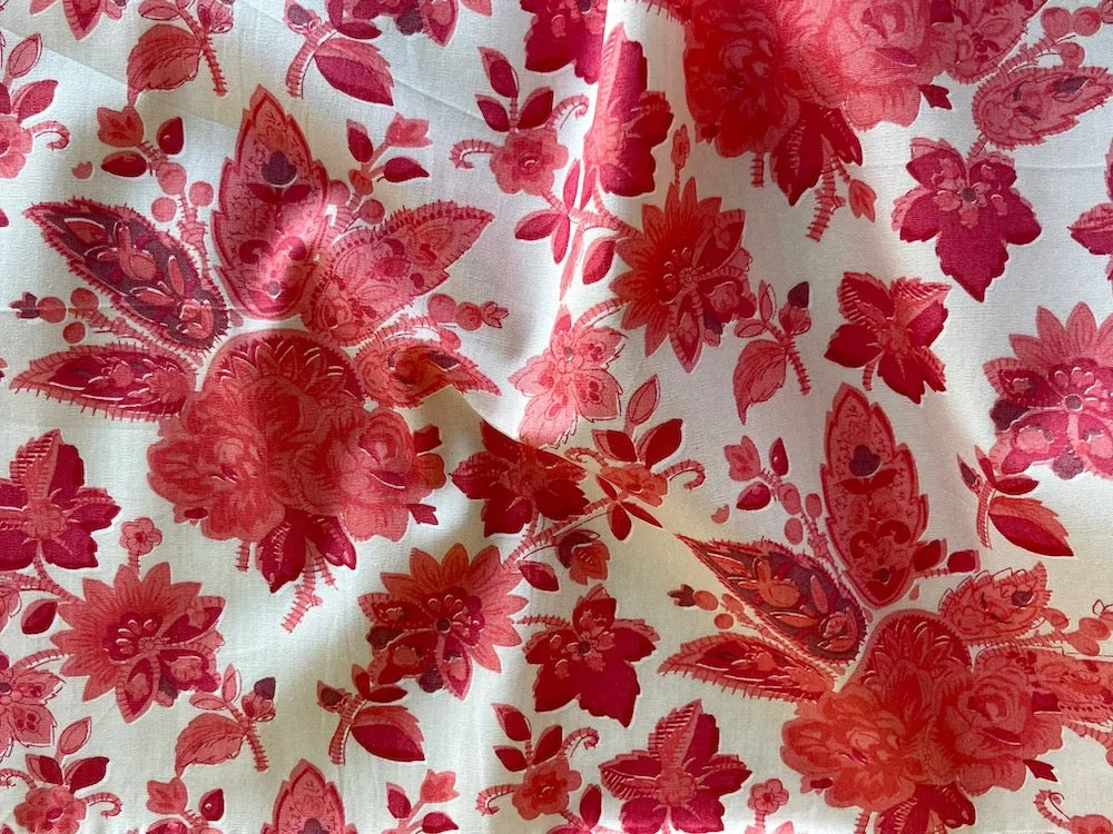 Coral Chintz Roses & Paisley Cotton Lawn (Made in Italy)