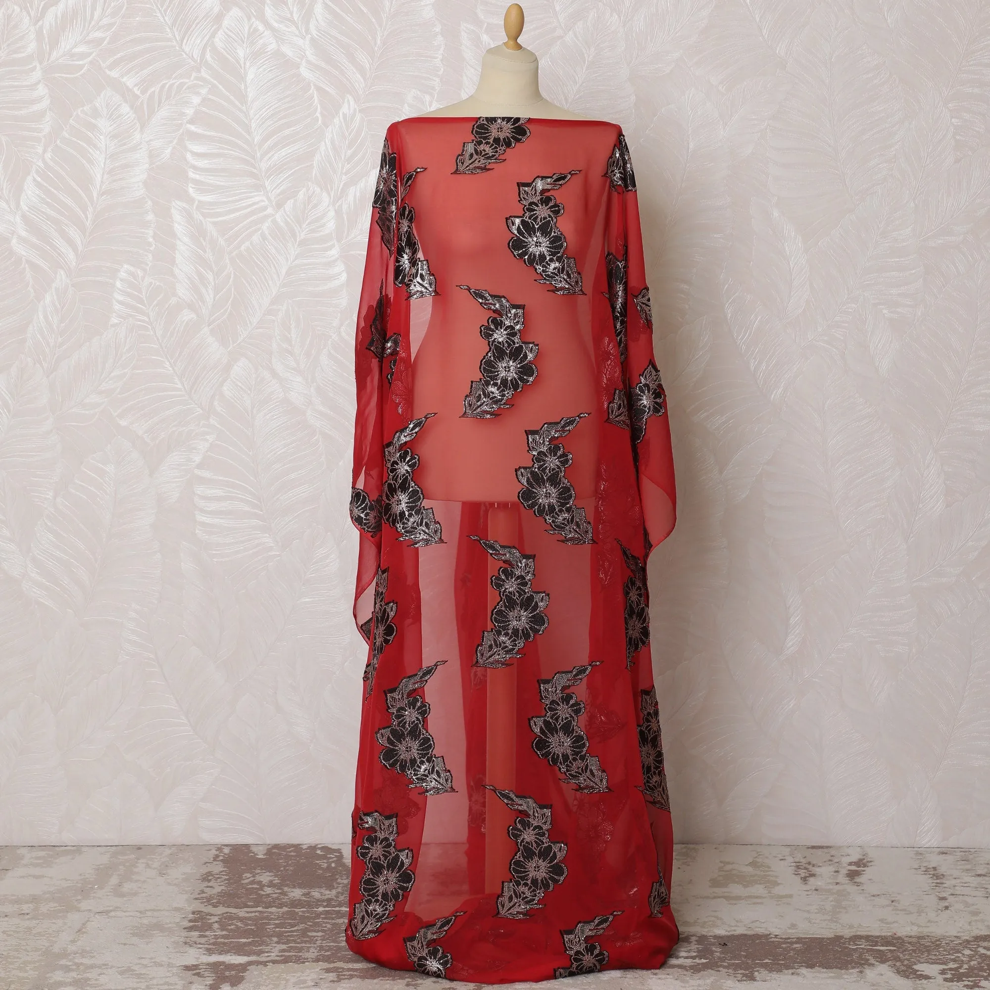 Coral Red French Silk Chiffon Fabric with Black Metallic Embroidery, Traditional Somali Dirac - 140 cm Width, 3.5 Meters-D20148