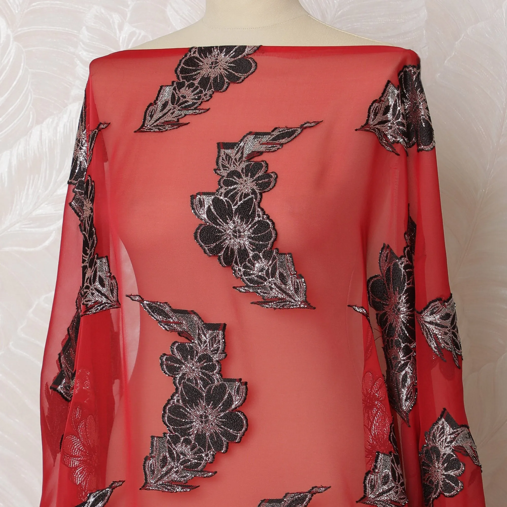 Coral Red French Silk Chiffon Fabric with Black Metallic Embroidery, Traditional Somali Dirac - 140 cm Width, 3.5 Meters-D20148