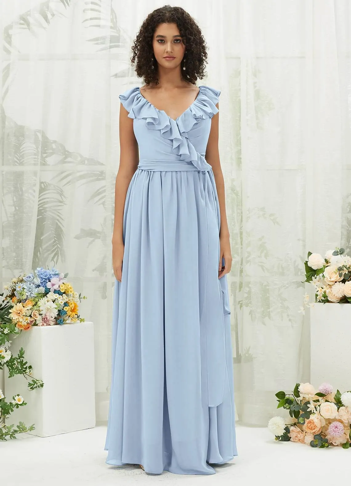 Cornflower Blue Chiffon Ruffle Cross Straps V-Neck Wrap Bridesmaid Dress