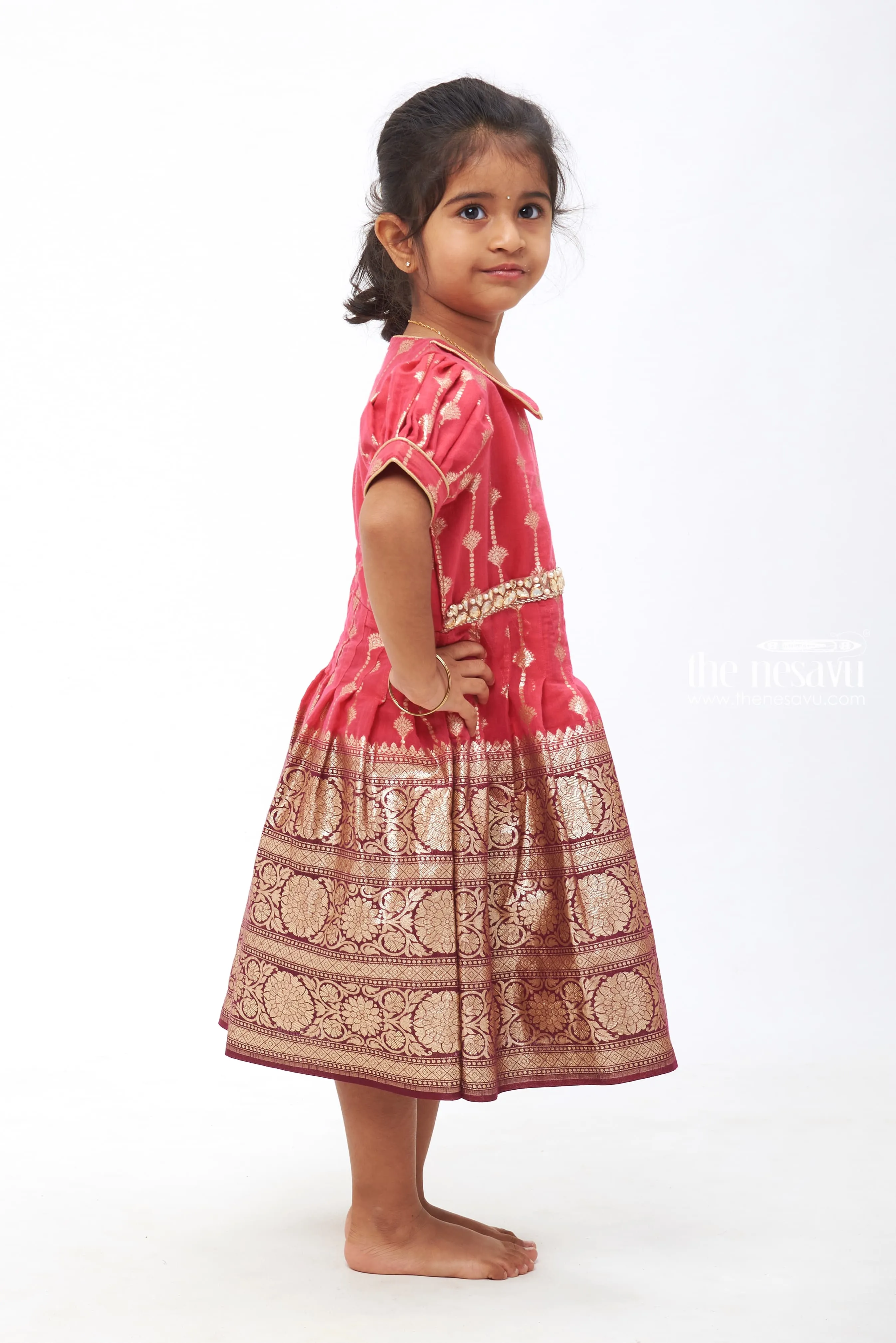 Crimson Charm Chronicle: Golden Zari Embroidered Silk Frock for Girls