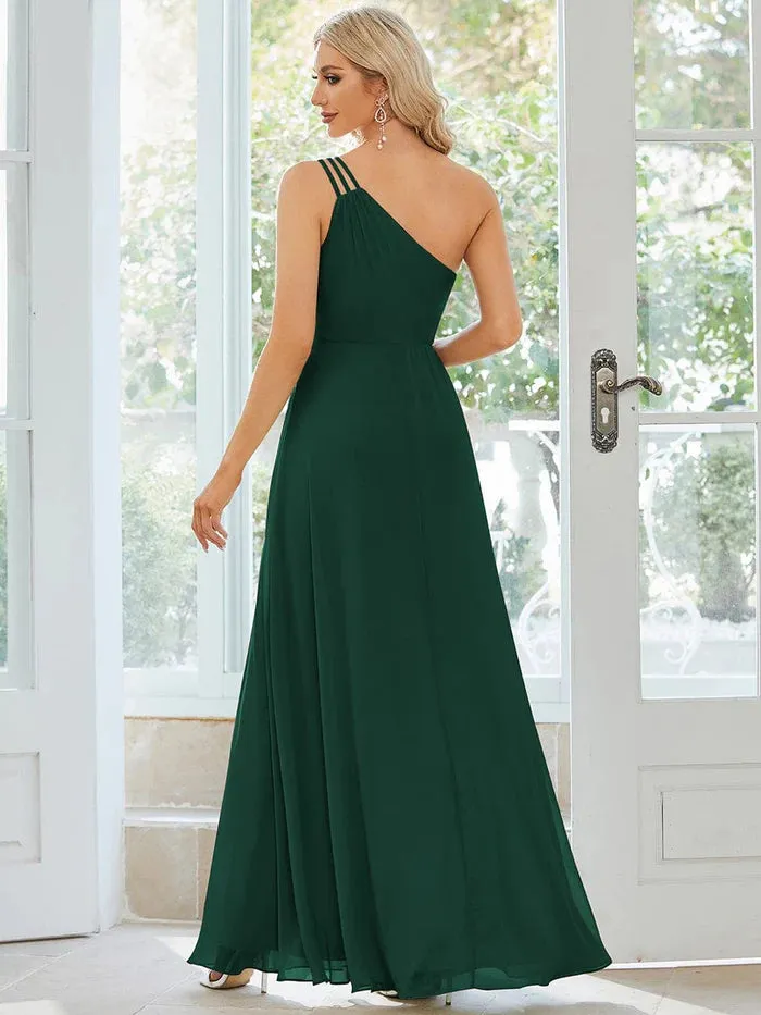 Custom Size Flowy Chiffon One-Shoulder Bridesmaid Dress with Spaghetti Strap