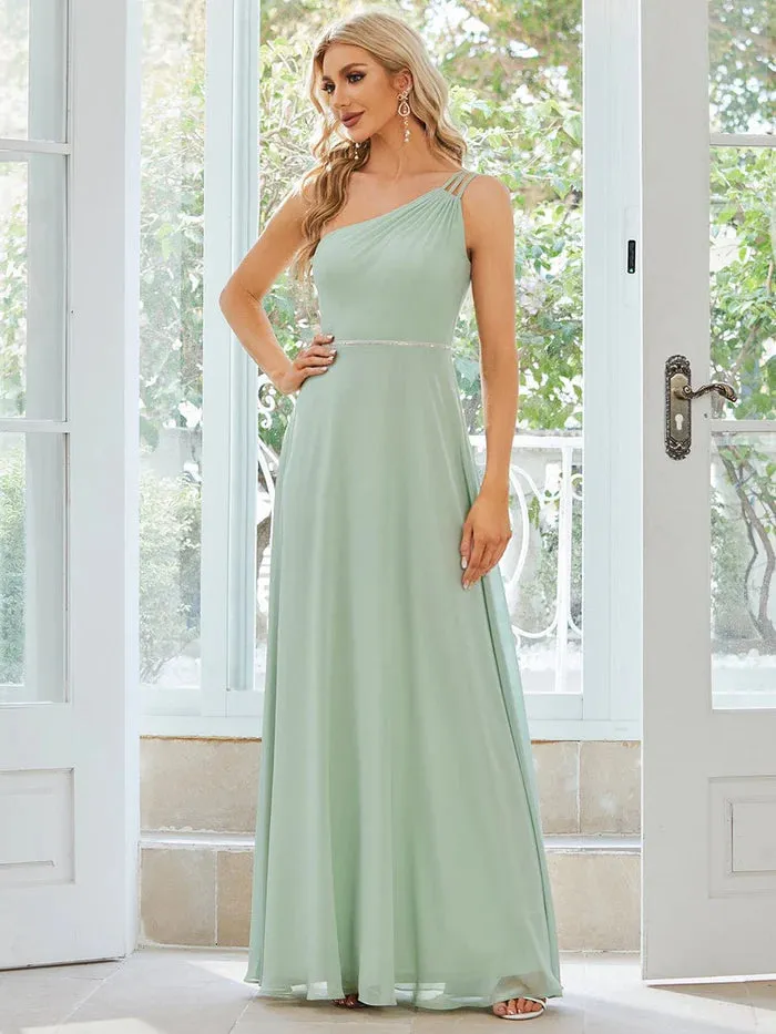 Custom Size Flowy Chiffon One-Shoulder Bridesmaid Dress with Spaghetti Strap