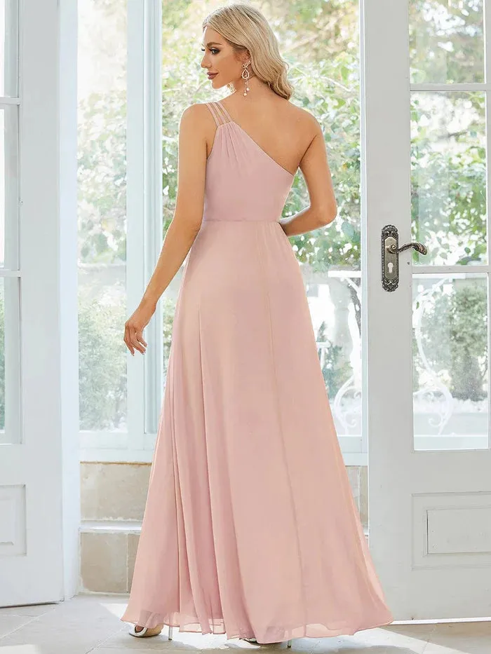 Custom Size Flowy Chiffon One-Shoulder Bridesmaid Dress with Spaghetti Strap