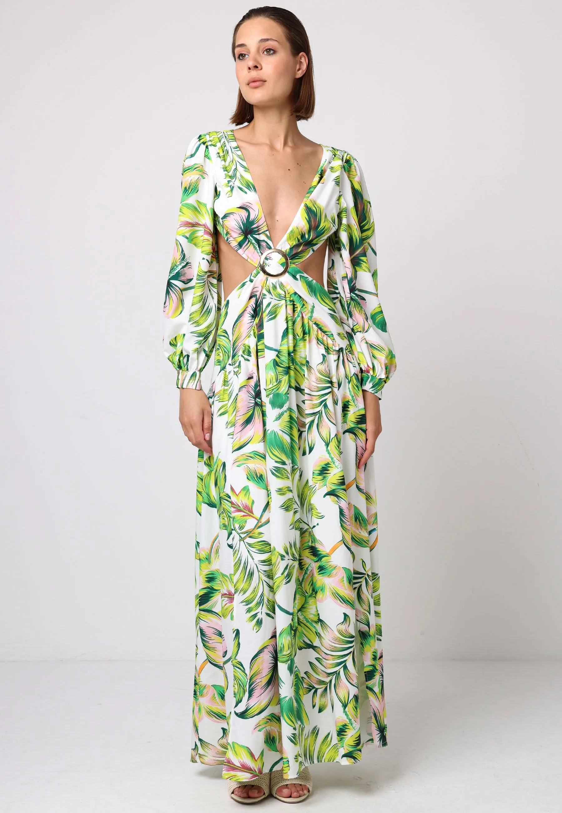 Cut Out Open Back Maxi Dress With Golden Buckle In Tropical Print