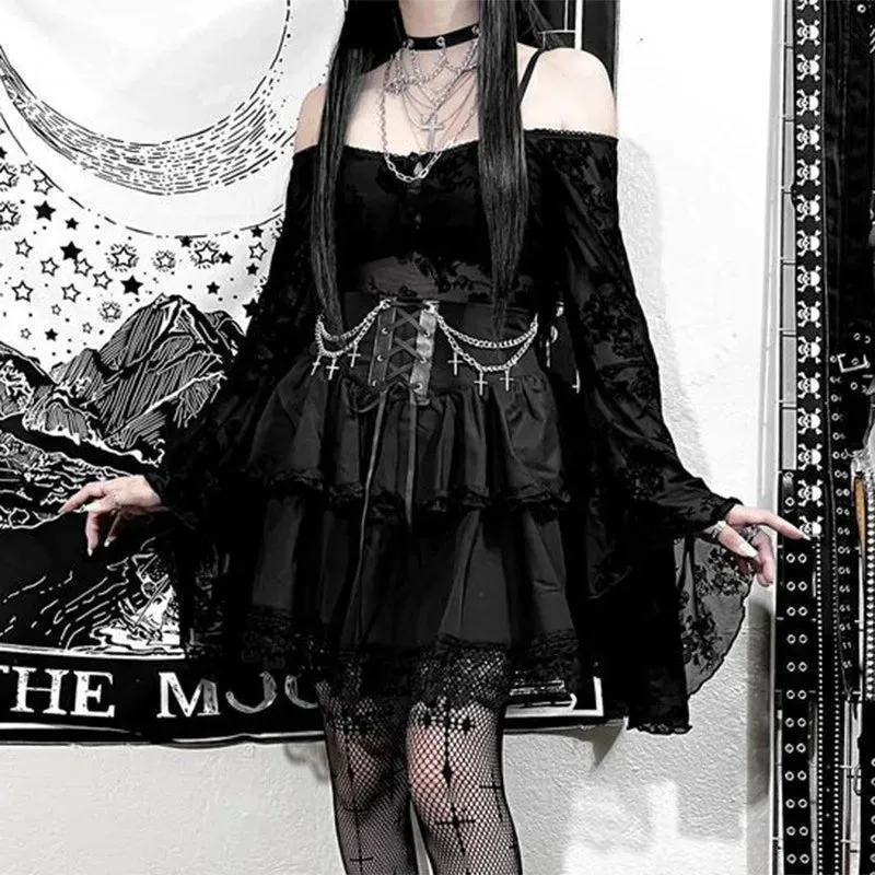 Cute Black Mini Gothic Skirt for Women: Drawstring High Waist with Irregular Ruffle Patchwork in Fairycore Style