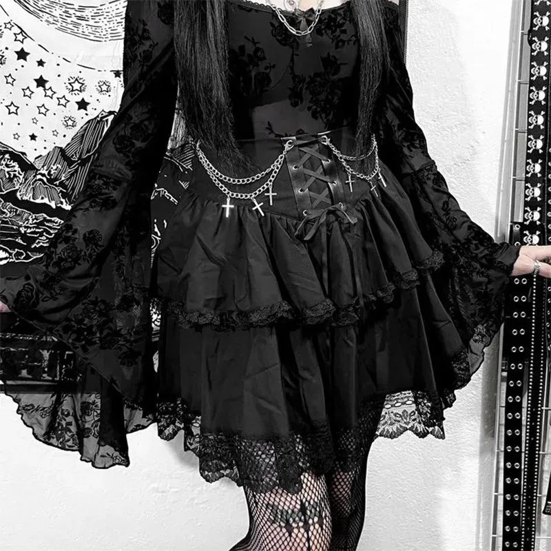 Cute Black Mini Gothic Skirt for Women: Drawstring High Waist with Irregular Ruffle Patchwork in Fairycore Style