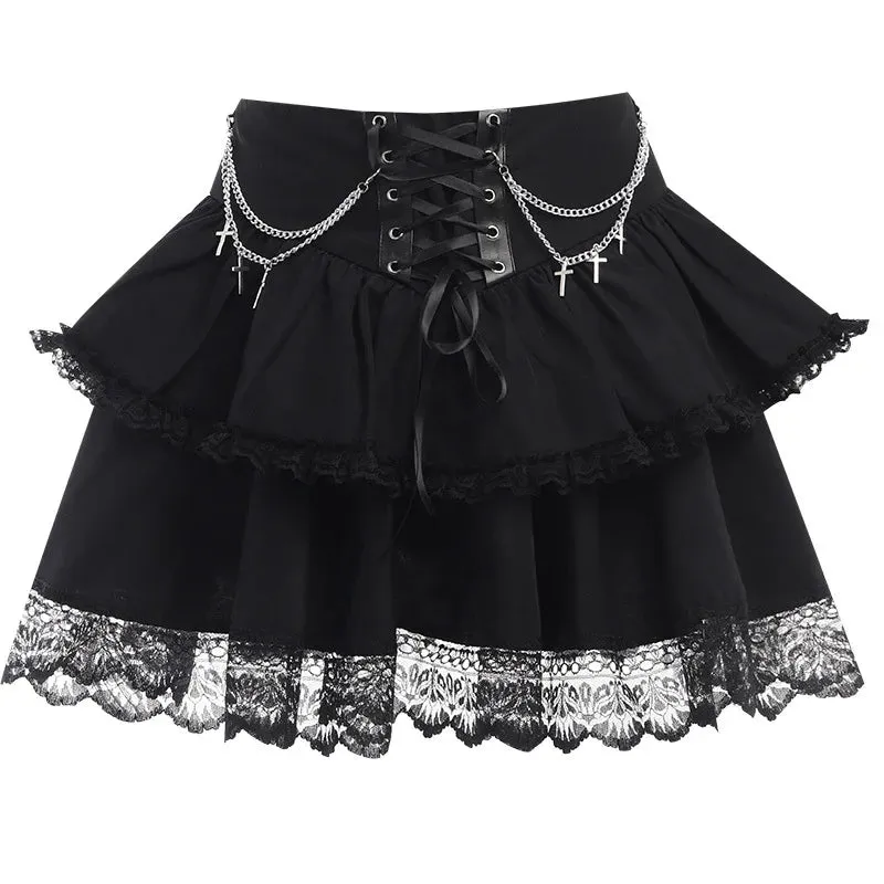 Cute Black Mini Gothic Skirt for Women: Drawstring High Waist with Irregular Ruffle Patchwork in Fairycore Style