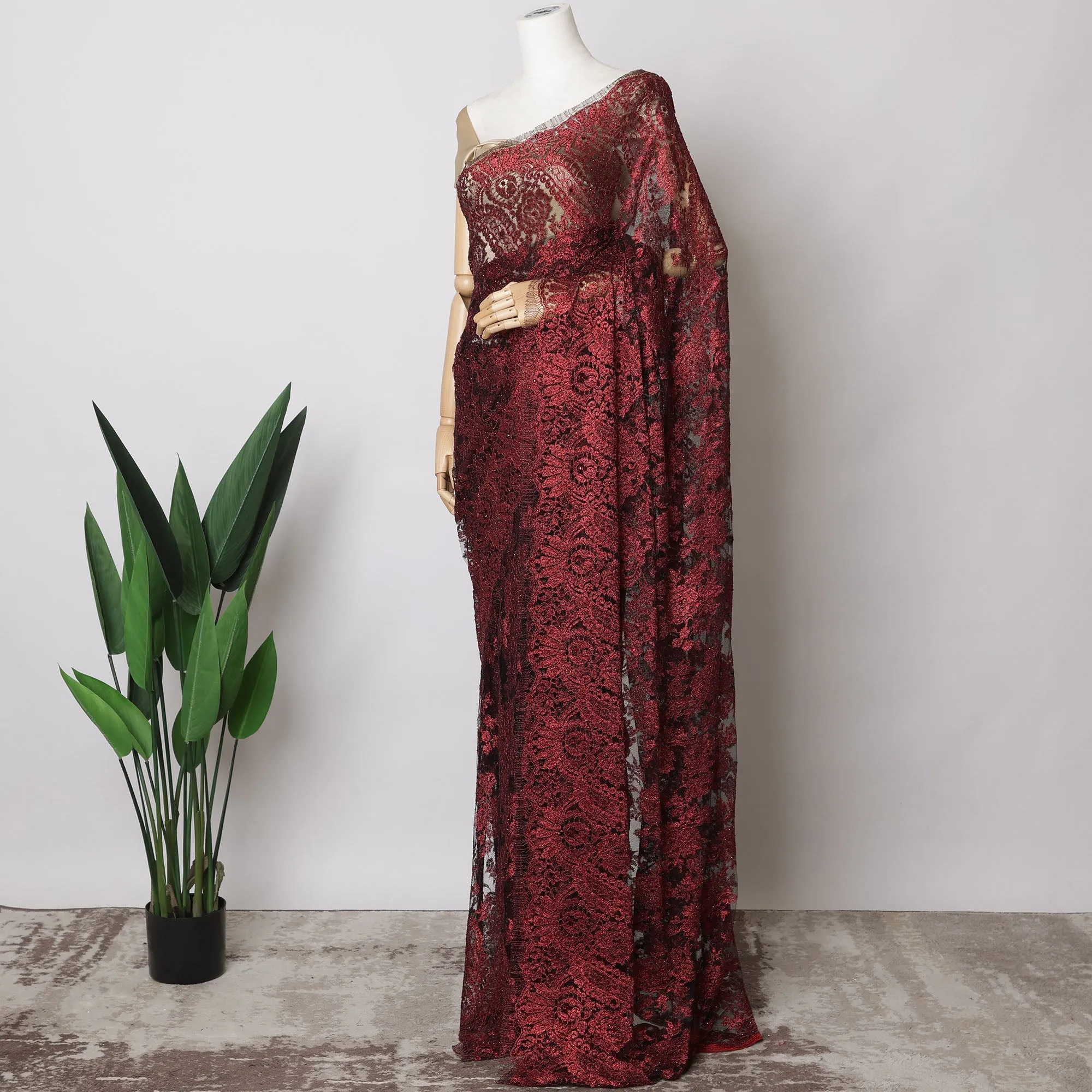 Deep Red French Metallic Chantilly Lace Fabric with Stone Work, 5.5 Meters-110 Cms-D21040