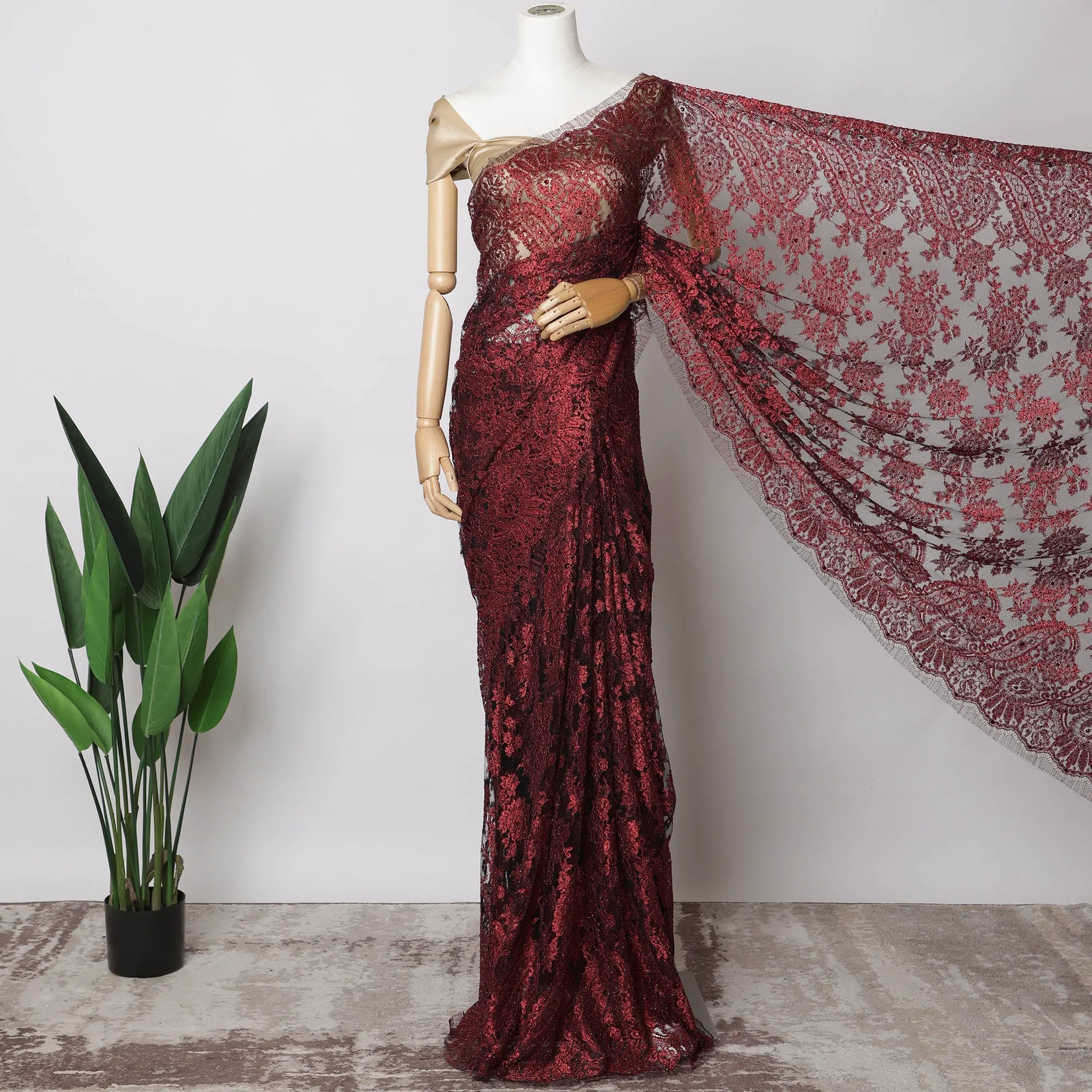 Deep Red French Metallic Chantilly Lace Fabric with Stone Work, 5.5 Meters-110 Cms-D21040