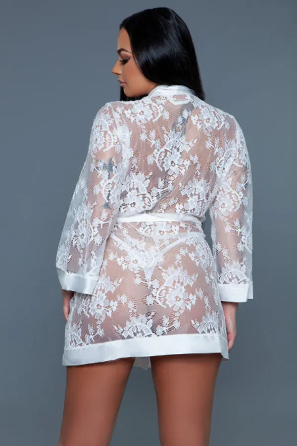 Delia Floral Lace Robe with Satin Trimming