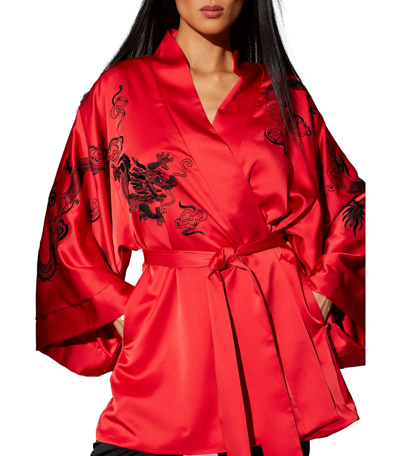 Dragon Luxe Charmeuse Kimono with Embroidery Rouge