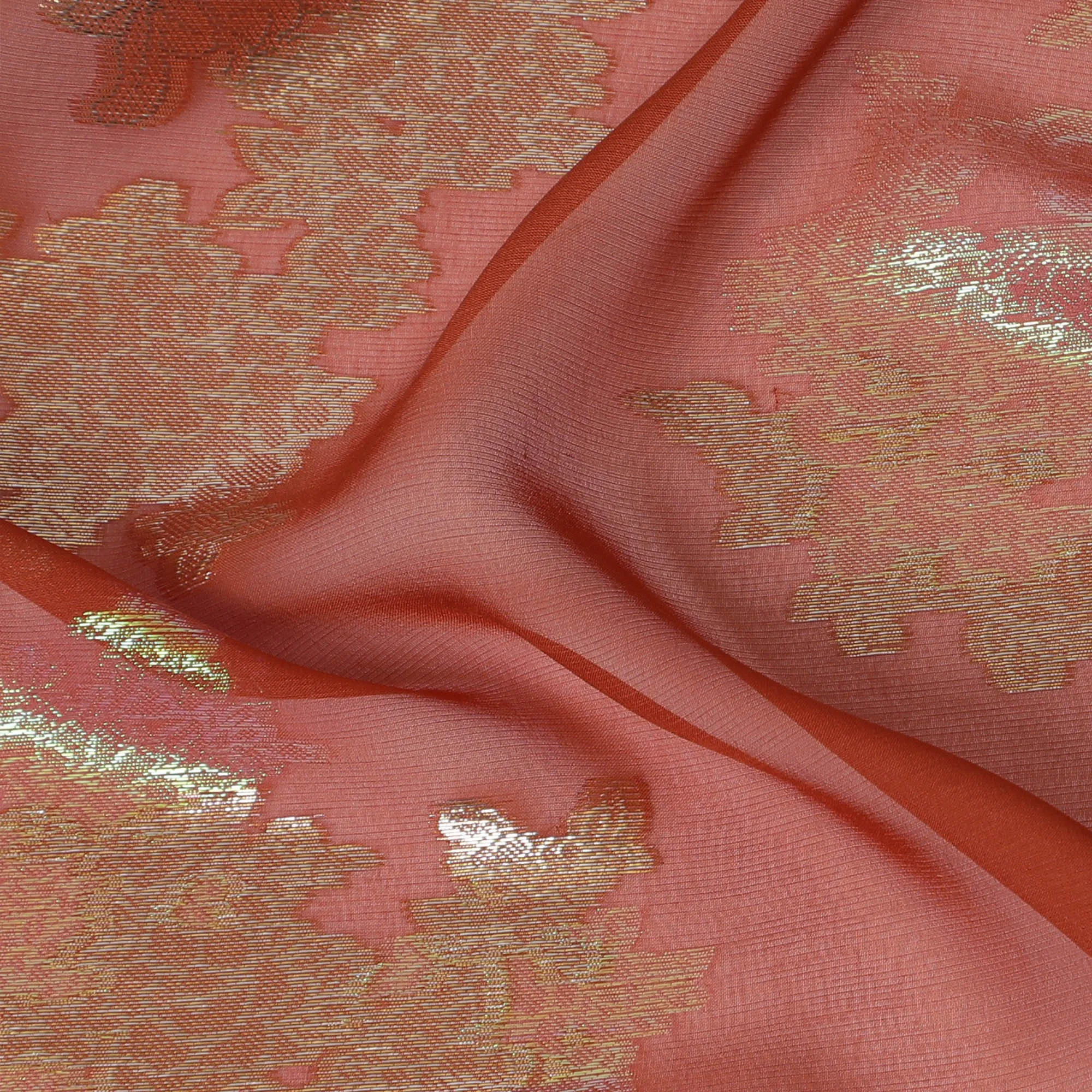 Elegant Red Silk Chiffon Fabric with Metallic Lurex Floral Design, 110 cm Width, South Korea-D19714