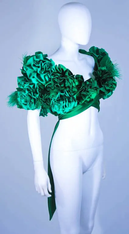 ELIZABETH MASON COUTURE Silk Green "Rose" Wrap with Feathers