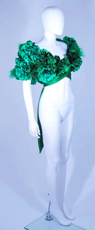 ELIZABETH MASON COUTURE Silk Green "Rose" Wrap with Feathers