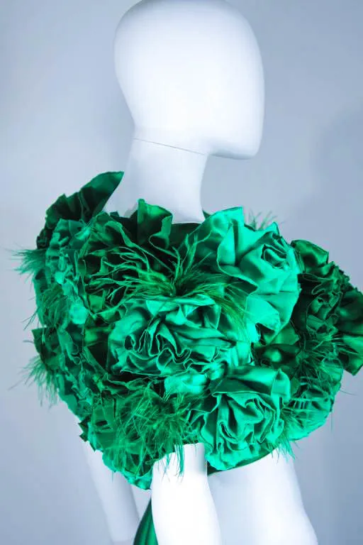 ELIZABETH MASON COUTURE Silk Green "Rose" Wrap with Feathers