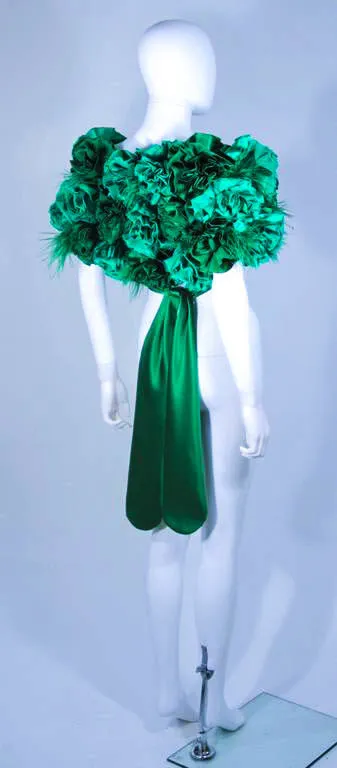 ELIZABETH MASON COUTURE Silk Green "Rose" Wrap with Feathers