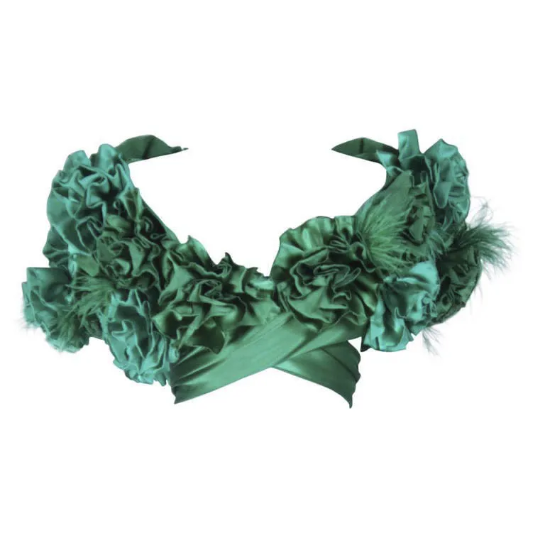 ELIZABETH MASON COUTURE Silk Green "Rose" Wrap with Feathers