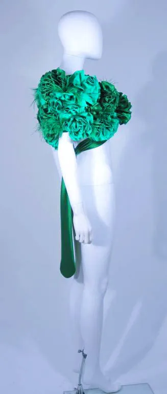 ELIZABETH MASON COUTURE Silk Green "Rose" Wrap with Feathers