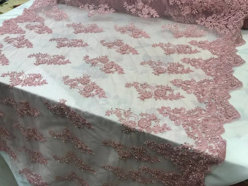 Embroidered Mesh Floral Beaded Lace Fabric By The Yard