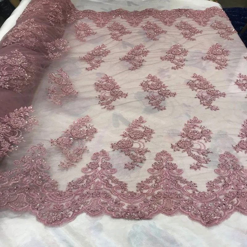 Embroidered Mesh Floral Beaded Lace Fabric By The Yard