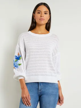 Embroidered Pointelle Knit Balloon Sleeve Sweater