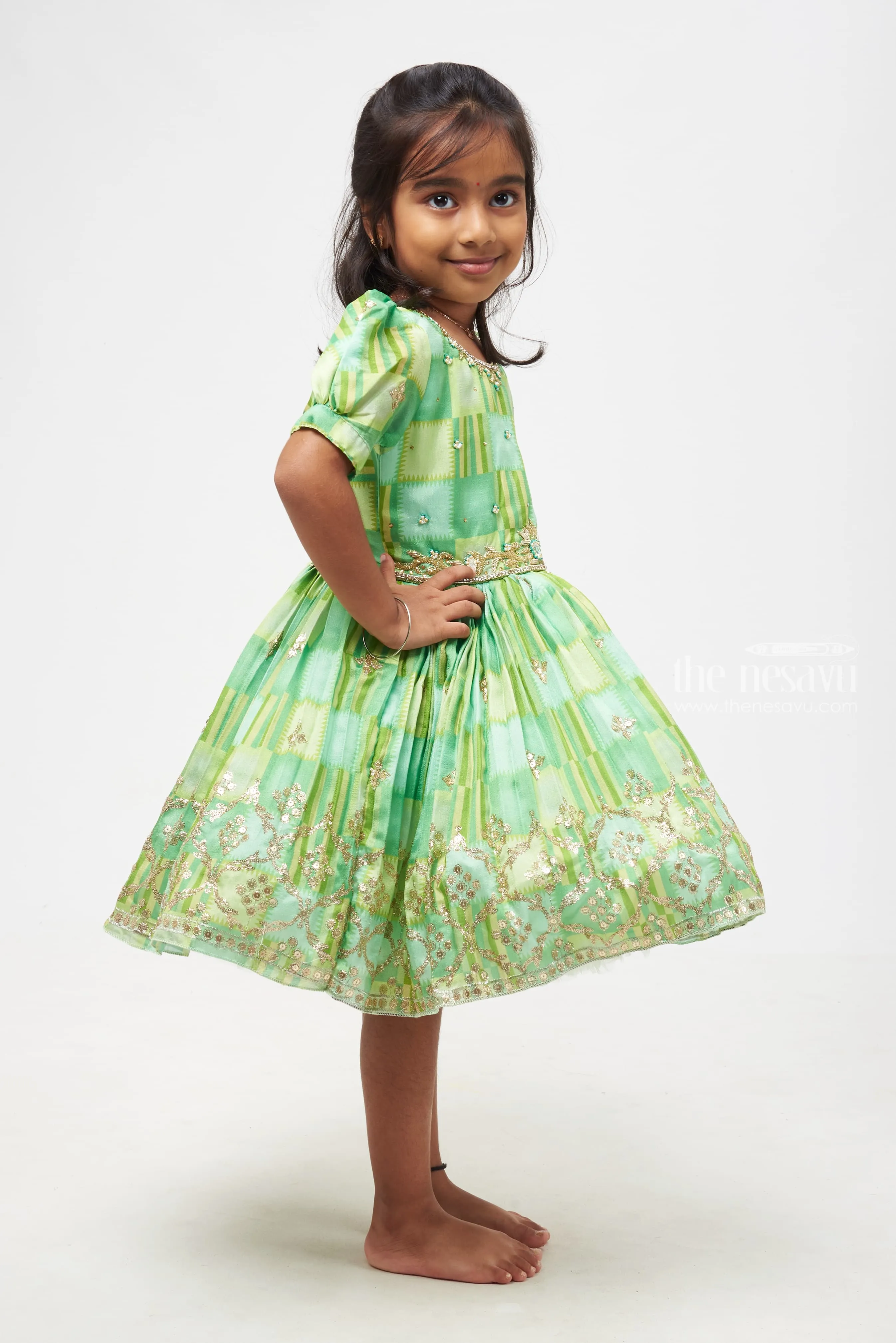 Emerald Radiance Girls Dress with Golden Embellishments - Designer Silk Frocks for Festives