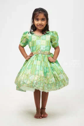 Emerald Radiance Girls Dress with Golden Embellishments - Designer Silk Frocks for Festives