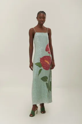 Farm Rio Anthurium Flowers Blue Slip Maxi Dress