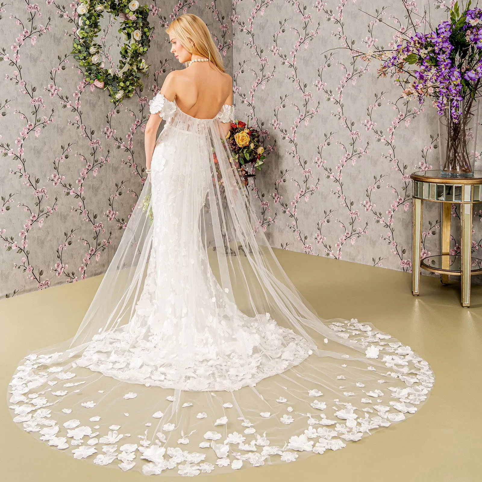 Floral Embroidery Mesh Mermaid Wedding Gown Long Back Drape GLGL3424