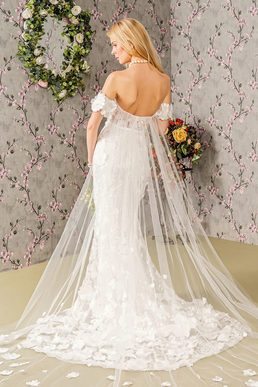 Floral Embroidery Mesh Mermaid Wedding Gown Long Back Drape GLGL3424