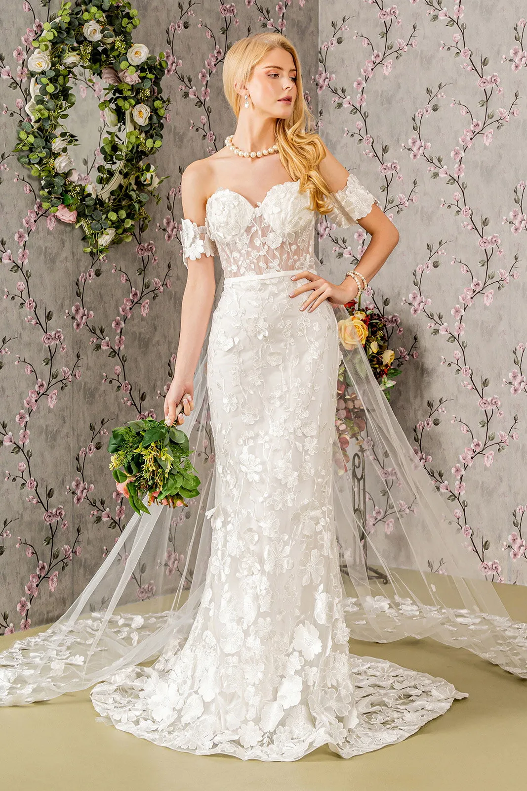 Floral Embroidery Mesh Mermaid Wedding Gown Long Back Drape GLGL3424