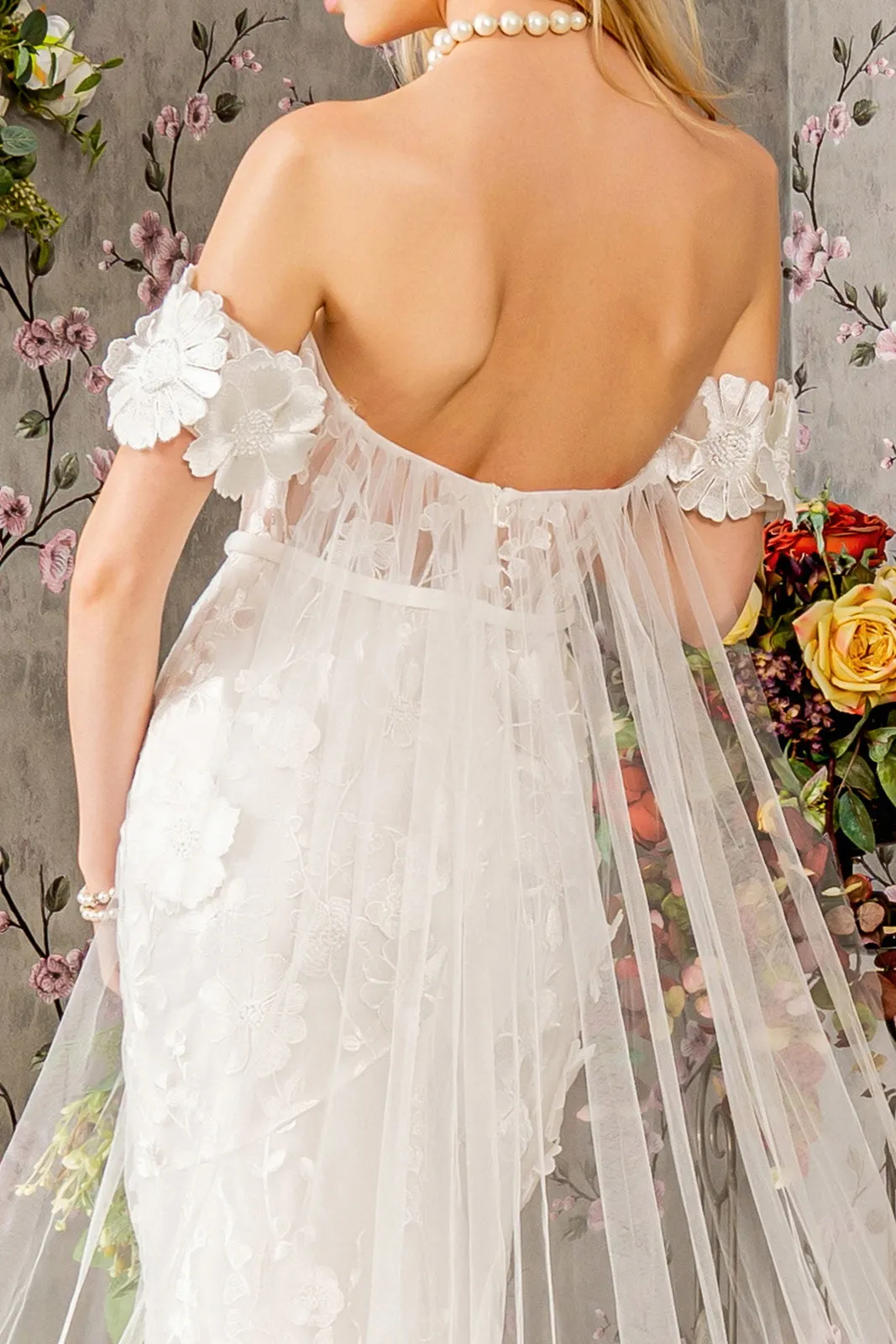 Floral Embroidery Mesh Mermaid Wedding Gown Long Back Drape GLGL3424